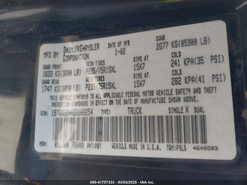 2002 Dodge Dakota Sport VIN: 1B7GG32N42S588254 Lot: 41707333