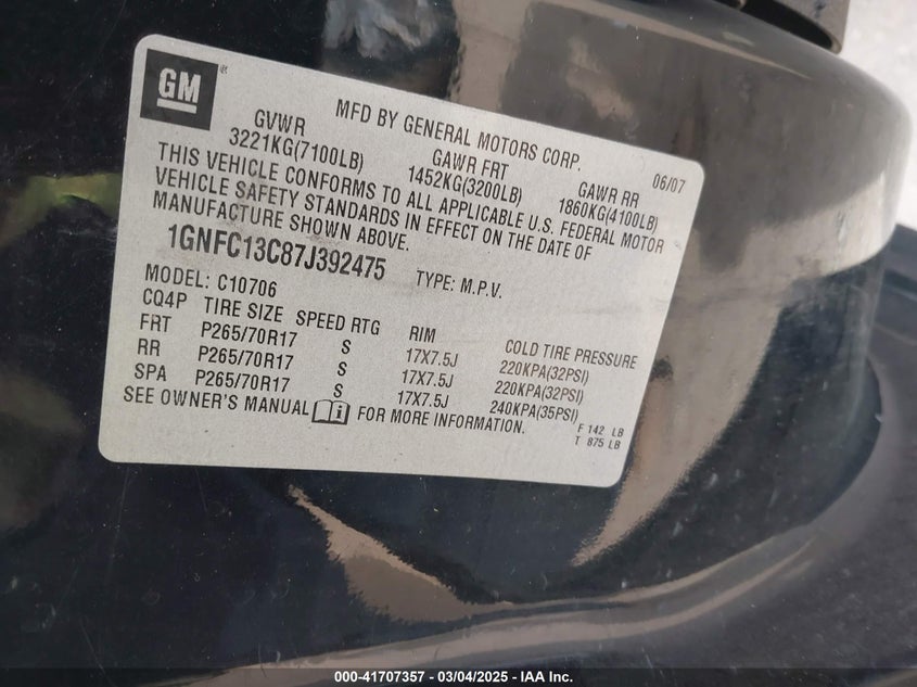 2007 Chevrolet Tahoe Ls VIN: 1GNFC13C87J392475 Lot: 41707357