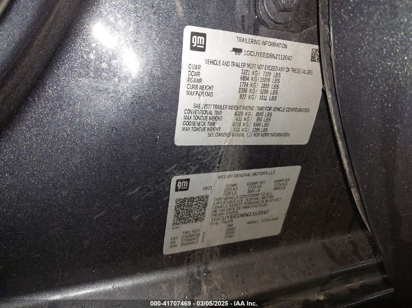 2022 Chevrolet Silverado 1500 Ltd 4Wd Short Bed Rst/4Wd Standard Bed Rst VIN: 1GCUYEED6N2112047 Lot: 41707469