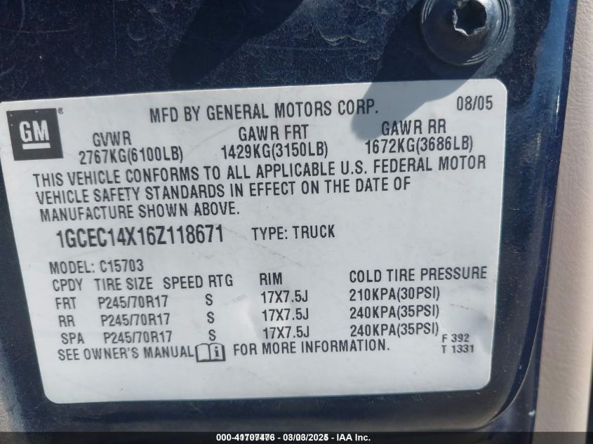 2006 Chevrolet Silverado 1500 Ls VIN: 1GCEC14X16Z118671 Lot: 41707476