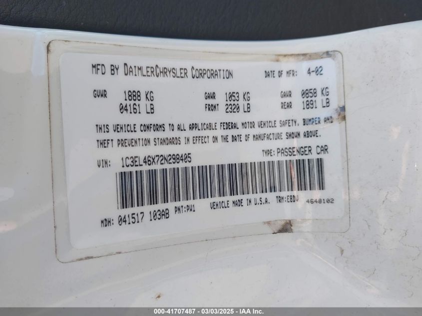 2002 Chrysler Sebring Lx/Lx Plus VIN: 1C3EL46X72N298405 Lot: 41707487