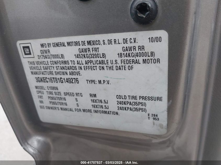 2001 GMC Yukon Xl 1500 Slt VIN: 3GKEC16T81G149276 Lot: 41707537