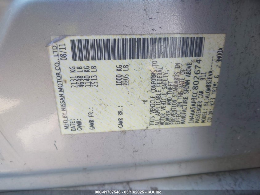 2012 NISSAN MAXIMA VIN: 1N4AA5AP3CC802674