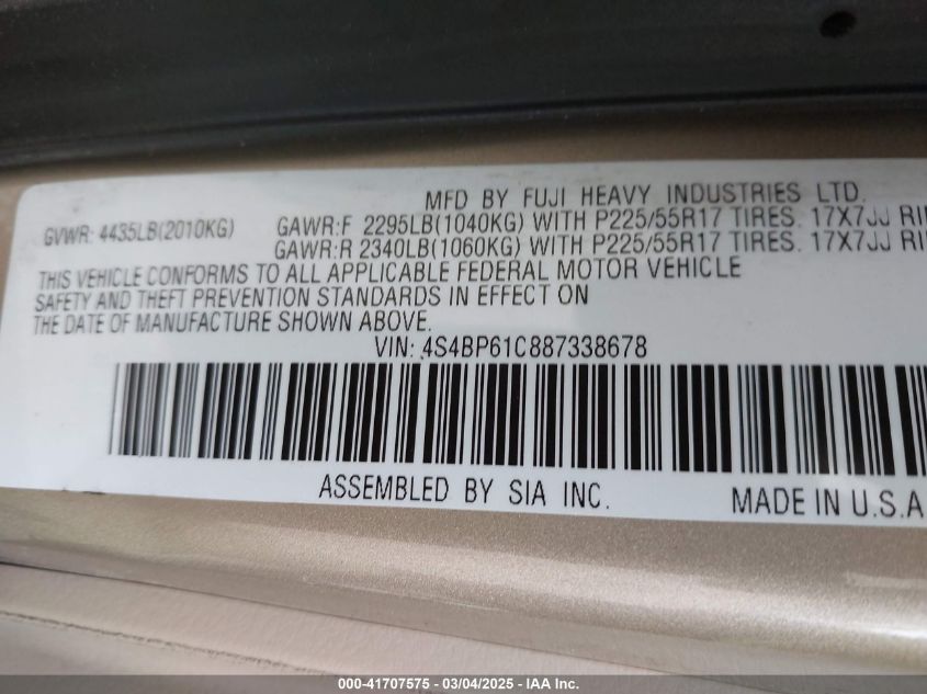 2008 Subaru Outback 2.5I/2.5I L.l. Bean Edition VIN: 4S4BP61C887338678 Lot: 41707575