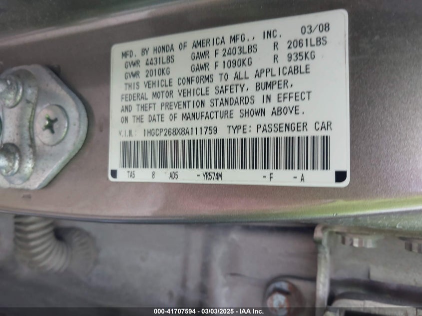 2008 HONDA ACCORD VIN: 1HGCP268X8A111759