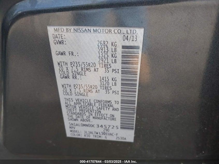 2013 INFINITI JX35 - 5N1AL0MN0DC345725