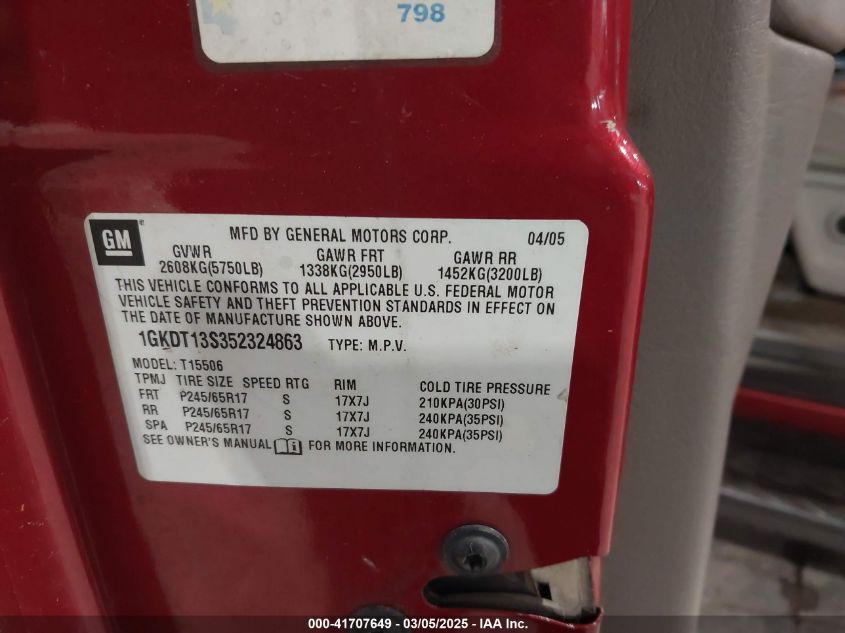 2005 GMC Envoy Slt VIN: 1GKDT13S352324863 Lot: 41707649