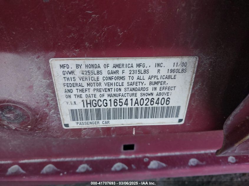 2001 Honda Accord Sdn Ex W/Leather VIN: 1HGCG16541A026406 Lot: 41707693
