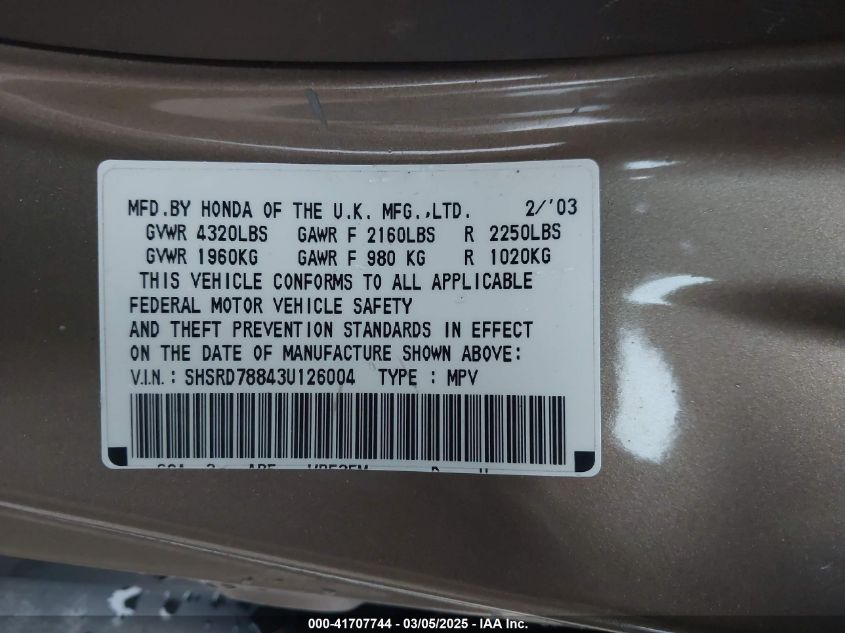 2003 Honda Cr-V Ex VIN: SHSRD78843U126004 Lot: 41707744