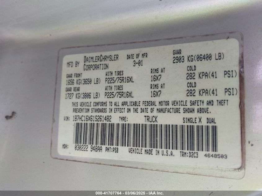 2001 Dodge Ram 1500 St/Work Special VIN: 1B7HC16X61S261482 Lot: 41707764