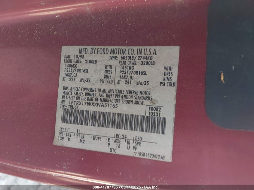 1999 Ford F-150 Lariat/Work Series/Xl/Xlt VIN: 1FTRX17WXXNA51165 Lot: 41707795