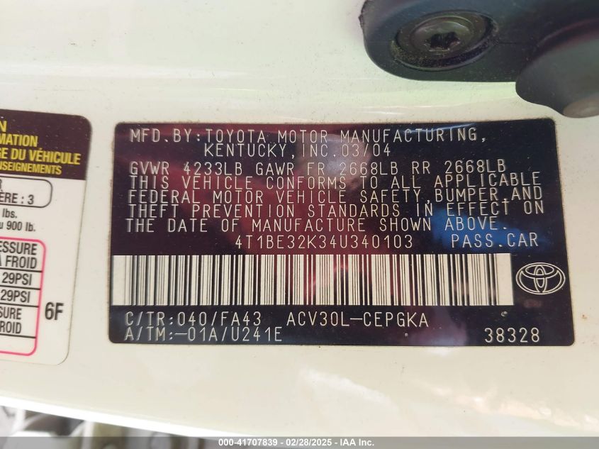 2004 Toyota Camry Xle VIN: 4T1BE32K34U340103 Lot: 41707839