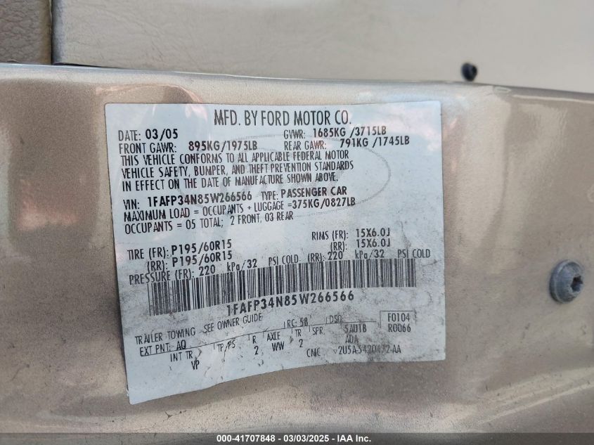 2005 Ford Focus Zx4 VIN: 1FAFP34N85W266566 Lot: 41707848