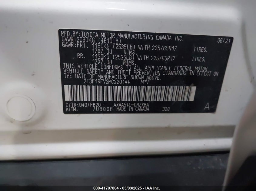 2021 TOYOTA RAV4 LE - 2T3F1RFV2MC220144