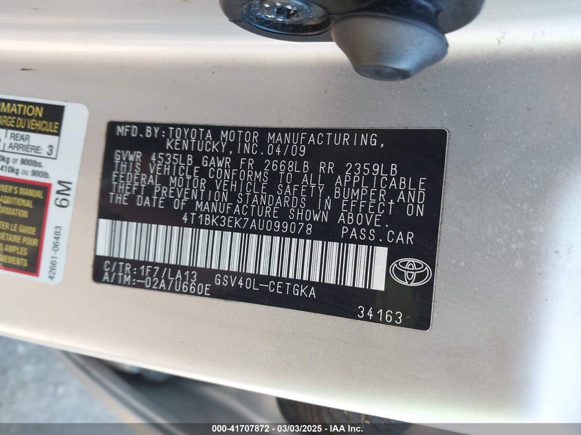 2010 TOYOTA CAMRY VIN: 4T1BK3EK7AU099078