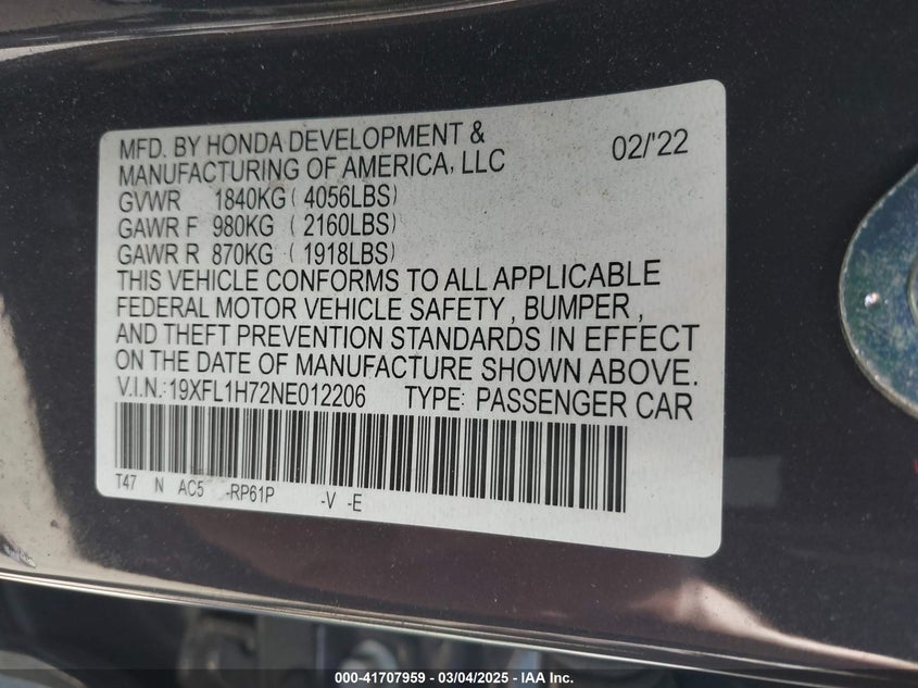 2022 HONDA CIVIC VIN: 19XFL1H72NE012206