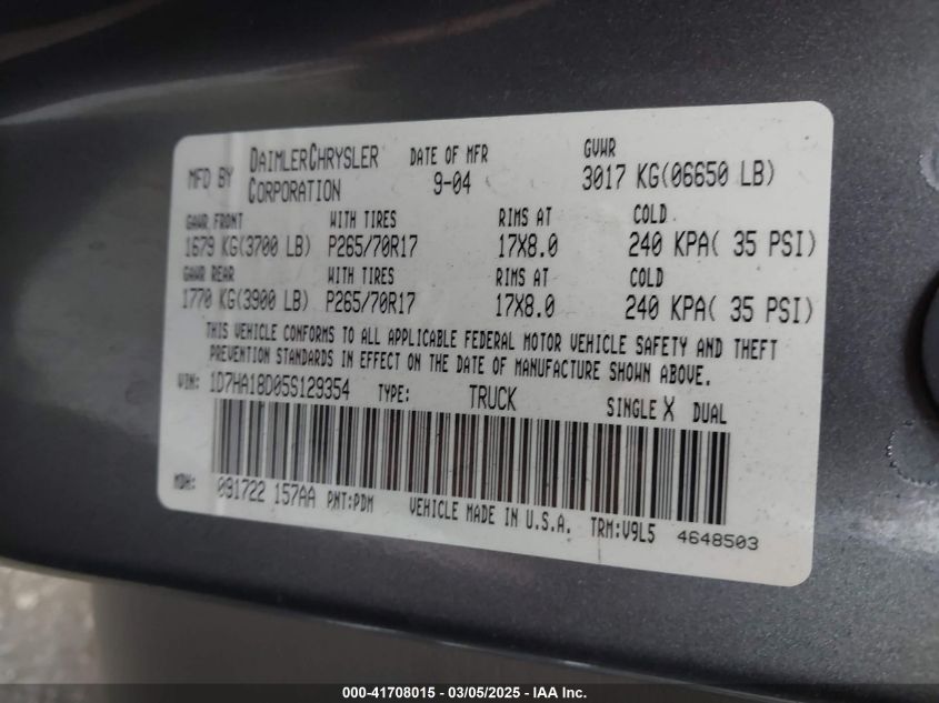 2005 Dodge Ram 1500 Slt/Laramie VIN: 1D7HA18D05S129354 Lot: 41708015