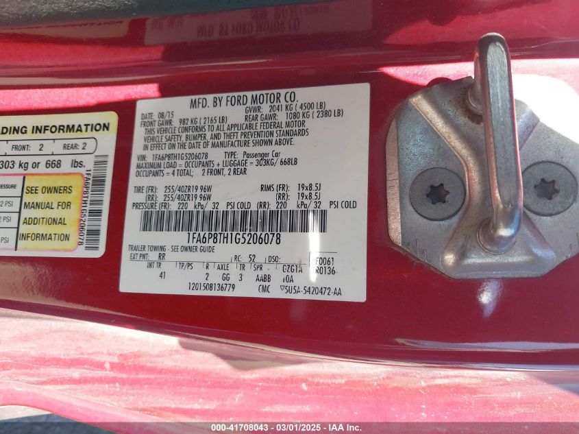 2016 Ford Mustang Ecoboost VIN: 1FA6P8TH1G5206078 Lot: 41708043