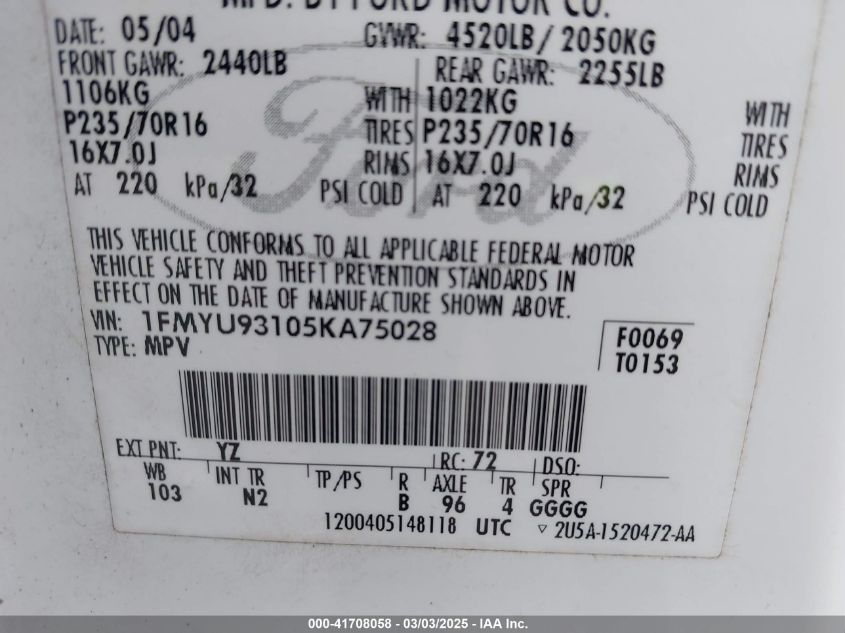 2005 Ford Escape Xlt VIN: 1FMYU93105KA75028 Lot: 41708058