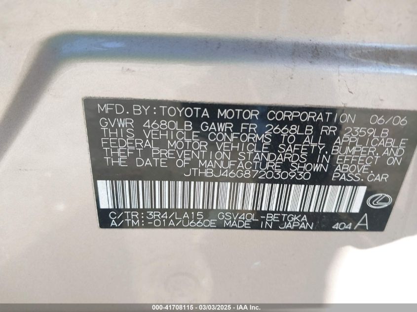 2007 Lexus Es 350 VIN: JTHBJ46G872030930 Lot: 41708115