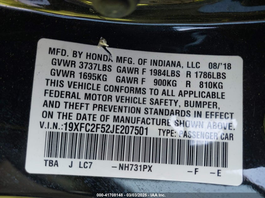 2018 HONDA CIVIC LX - 19XFC2F52JE207501