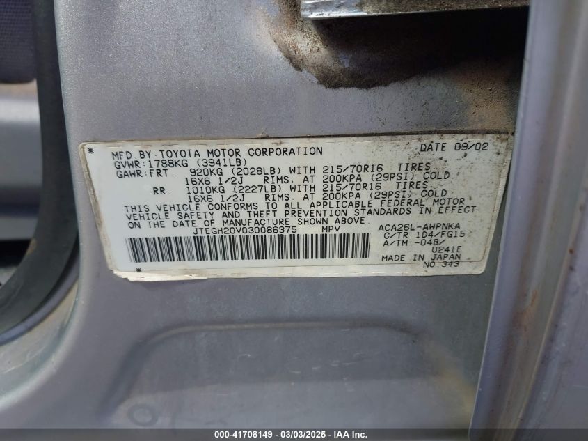 2003 Toyota Rav4 VIN: JTEGH20V030086375 Lot: 41708149