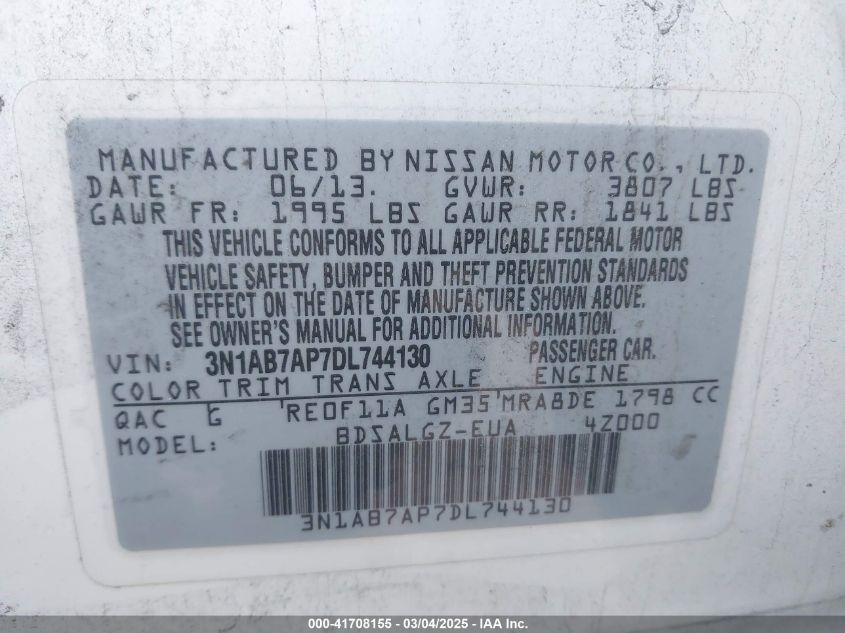 2013 Nissan Sentra Sl VIN: 3N1AB7AP7DL744130 Lot: 41708155