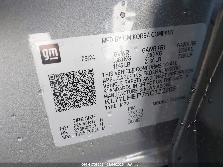 2025 Chevrolet Trax Fwd Lt VIN: KL77LHEP7SC122265 Lot: 41708202