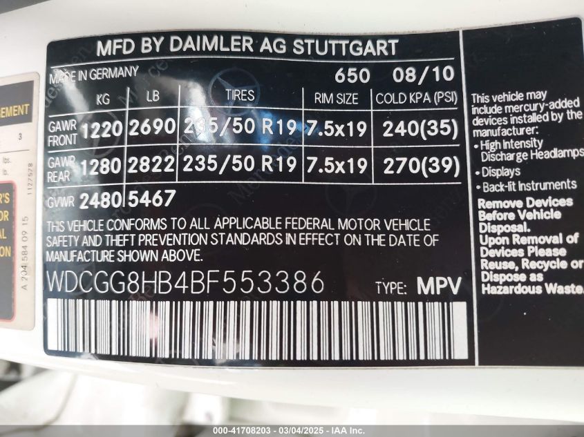 2011 Mercedes-Benz Glk 350 4Matic VIN: WDCGG8HB4BF553386 Lot: 41708203