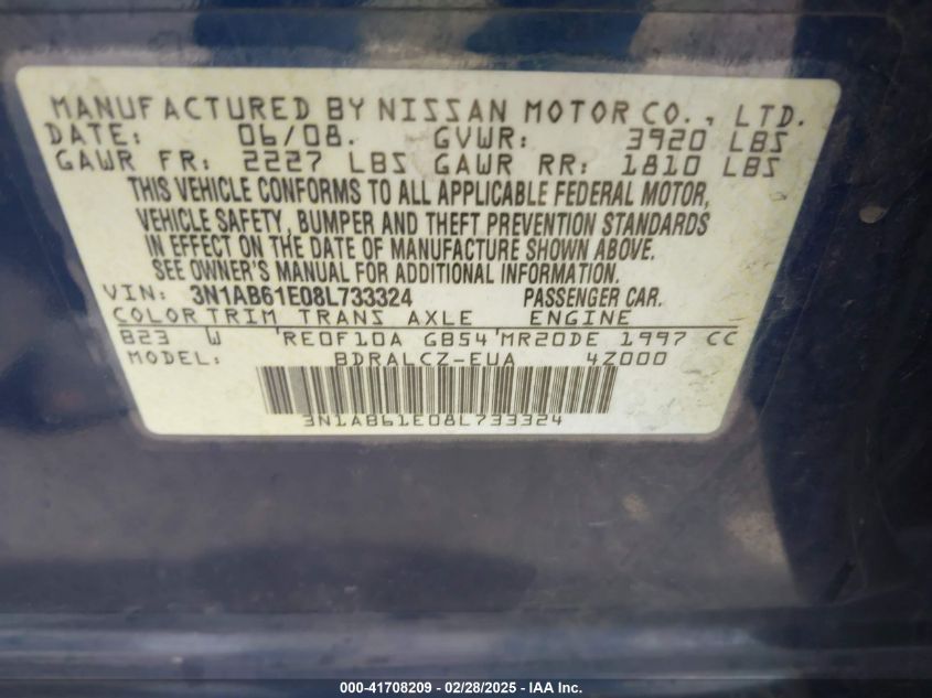 2008 Nissan Sentra 2.0 VIN: 3N1AB61E08L733324 Lot: 41708209