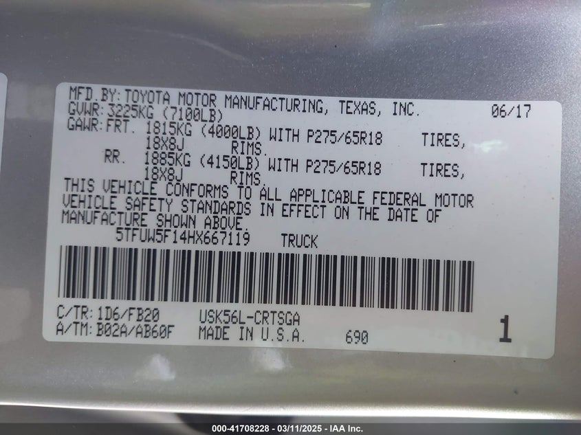 2017 TOYOTA TUNDRA VIN: 5TFUW5F14HX667119