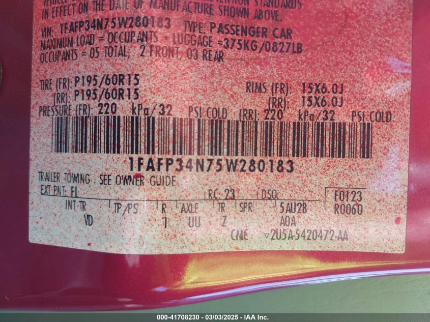 2005 Ford Focus Zx4 VIN: 1FAFP34N75W280183 Lot: 41708230