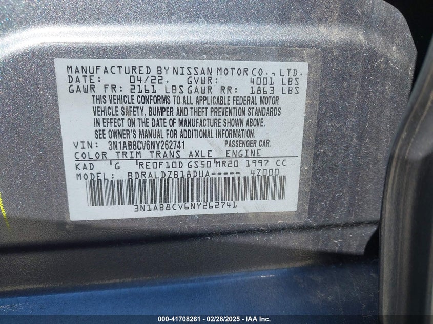 2022 NISSAN SENTRA VIN: 3N1AB8CV6NY262741