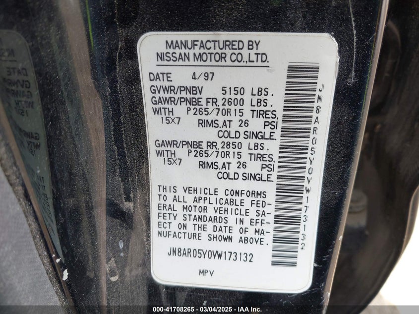 1997 Nissan Pathfinder Le/Se/Xe VIN: JN8AR05Y0VW173132 Lot: 41708265