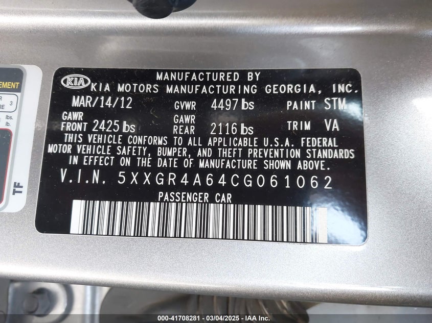 2012 KIA OPTIMA VIN: 5XXGR4A64CG061062