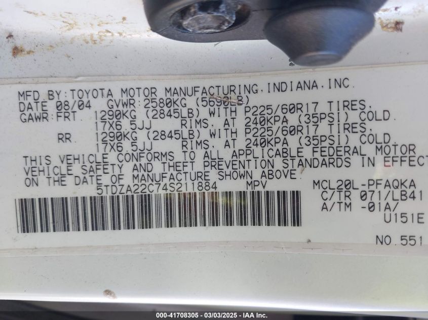 2004 Toyota Sienna Xle Limited VIN: 5TDZA22C74S211884 Lot: 41708305