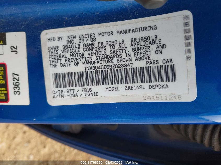 2009 Toyota Corolla Le VIN: 1NXBU40E69Z023347 Lot: 41708350