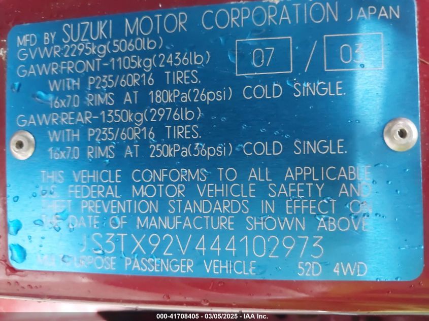 2004 Suzuki Xl-7 Ex/Lx VIN: JS3TX92V444102973 Lot: 41708405