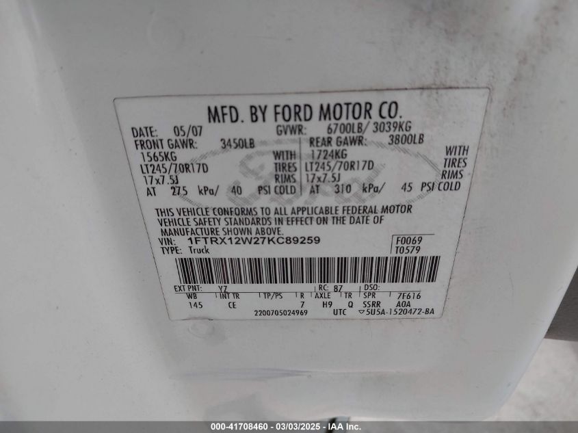 2007 Ford F-150 Stx/Xl/Xlt VIN: 1FTRX12W27KC89259 Lot: 41708460