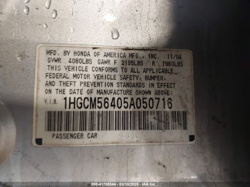 2005 Honda Accord 2.4 Lx VIN: 1HGCM56405A050716 Lot: 41708544