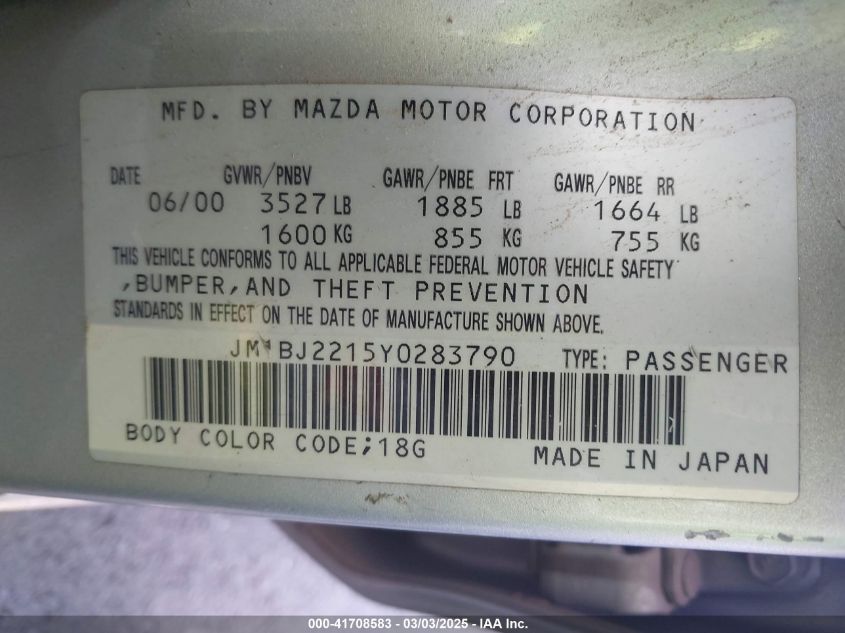 2000 Mazda Protege Es VIN: JM1BJ2215Y0283790 Lot: 41708583