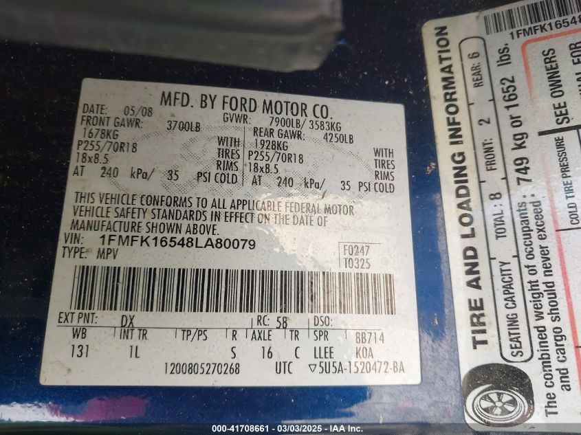 2008 Ford Expedition El Xlt VIN: 1FMFK16548LA80079 Lot: 41708661