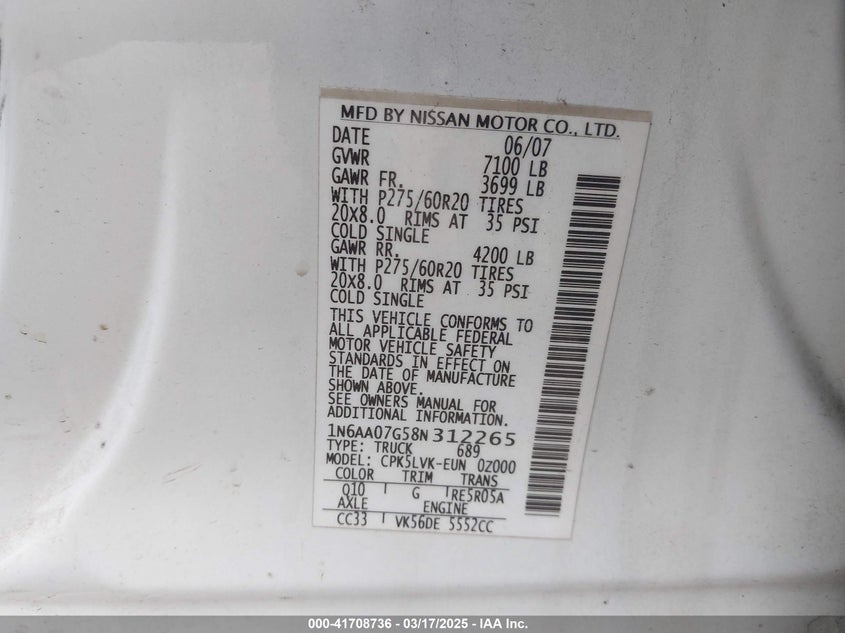 2008 NISSAN TITAN VIN: 1N6AA07G58N312265