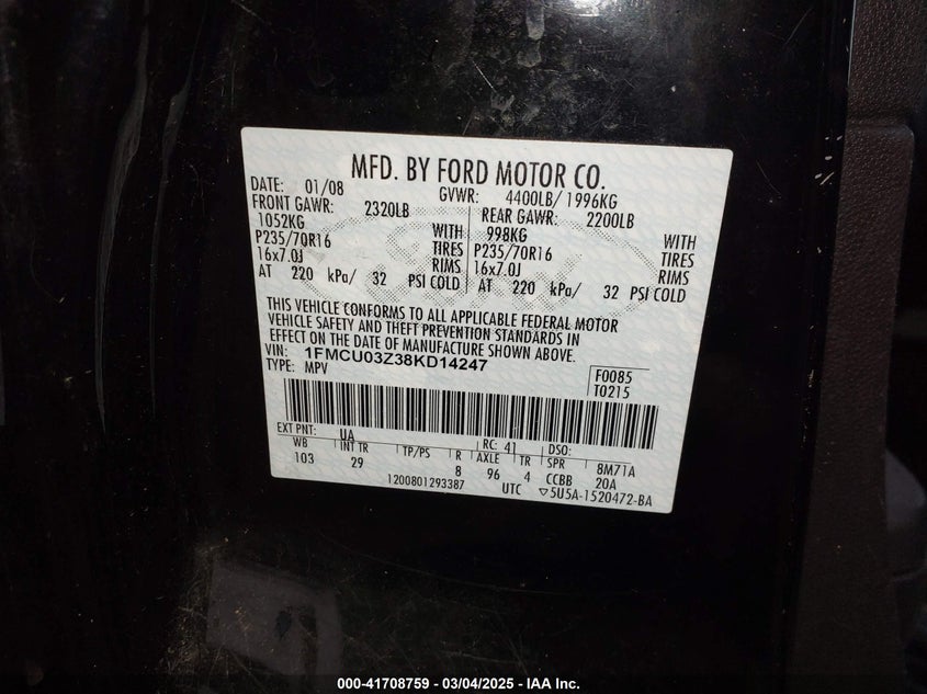 2008 FORD ESCAPE VIN: 1FMCU03Z38KD14247