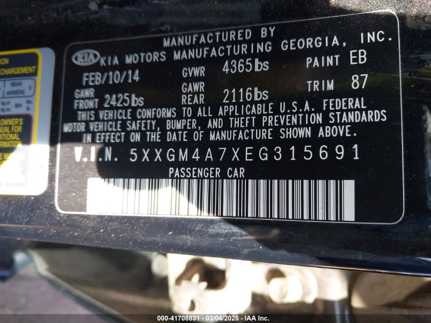 2014 Kia Optima Lx VIN: 5XXGM4A7XEG315691 Lot: 41708831