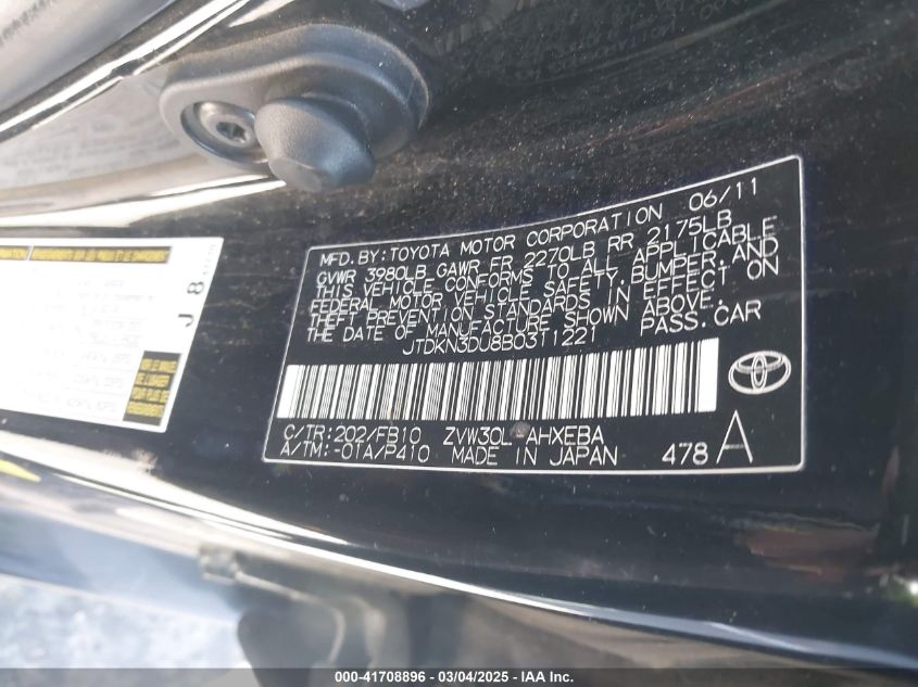 2011 Toyota Prius Three VIN: JTDKN3DU8B0311221 Lot: 41708896