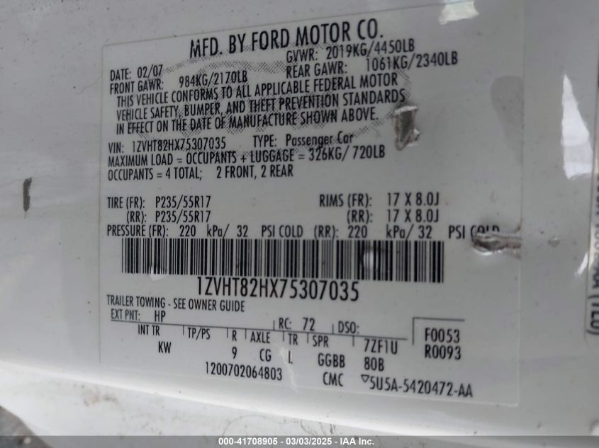 2007 Ford Mustang Gt Deluxe/Gt Premium VIN: 1ZVHT82HX75307035 Lot: 41708905