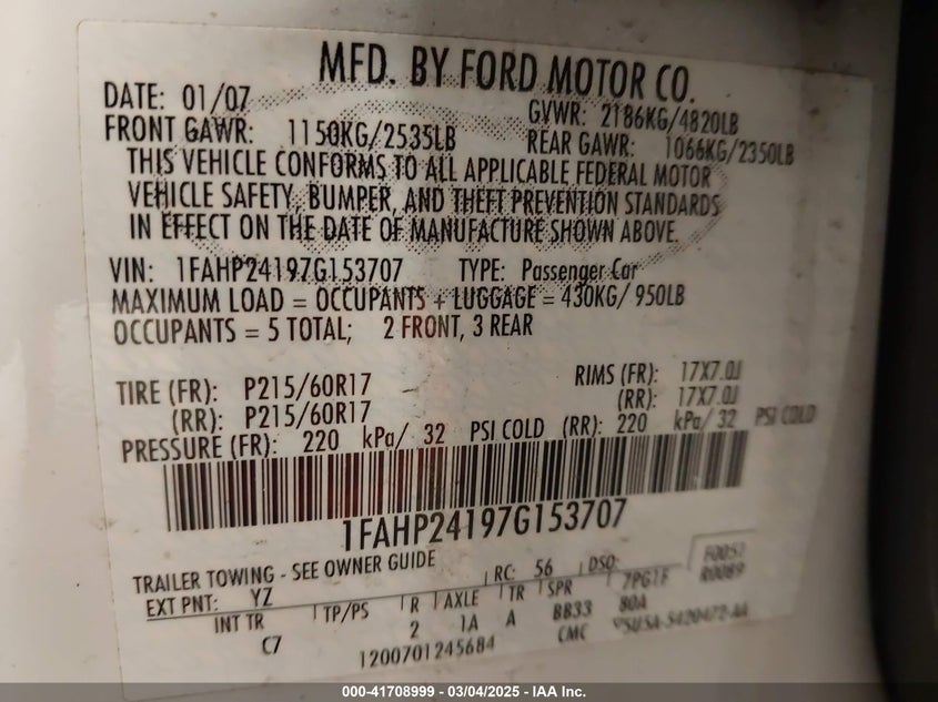 2007 FORD FIVE HUNDRED VIN: 1FAHP24197G153707