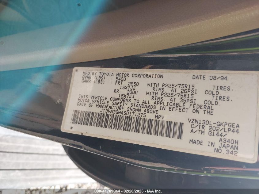 1995 Toyota 4Runner Vn39 Sr5 VIN: JT3VN39W4S0171275 Lot: 41709044