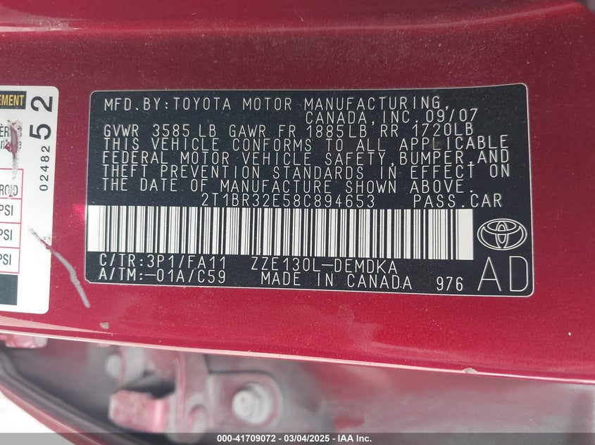 2008 TOYOTA COROLLA VIN: 2T1BR32E58C894653